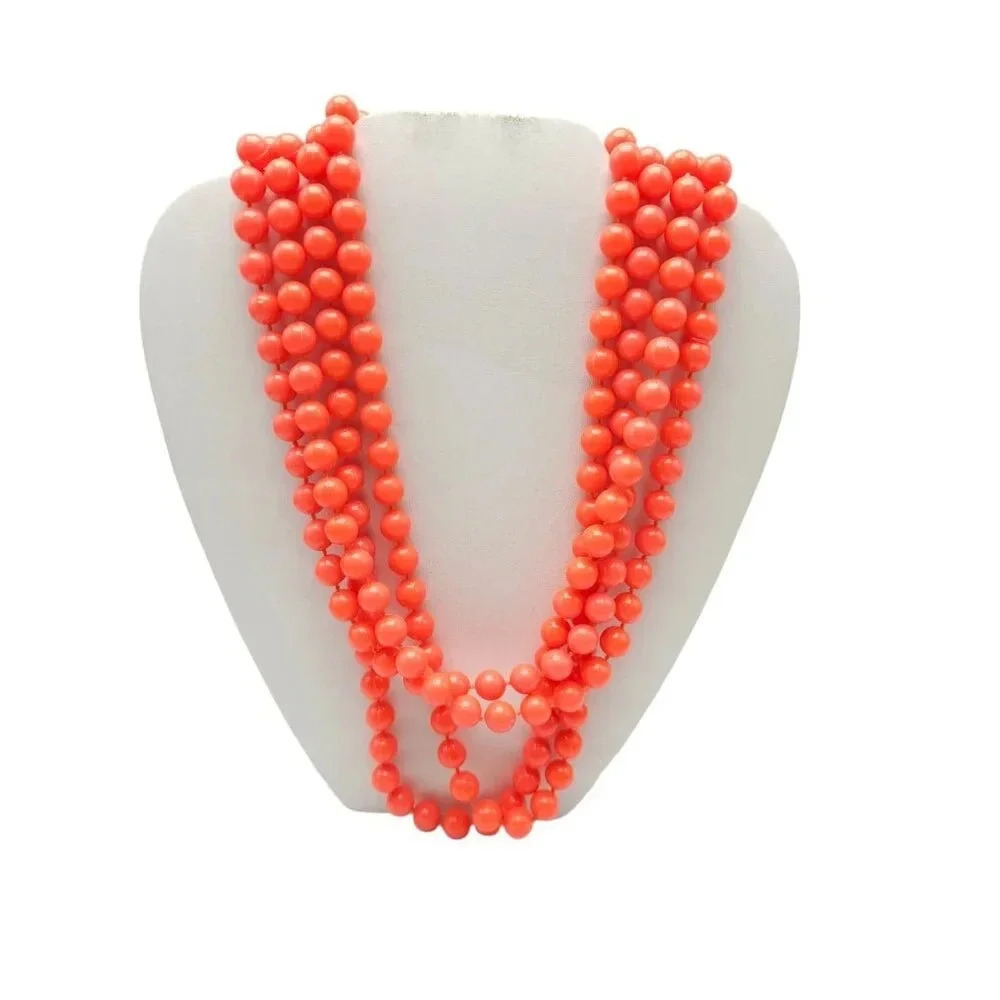 Orange Acrylic Hand Knotted Beaded Long No Clasp Necklace Vintage - Picture 1 of 4